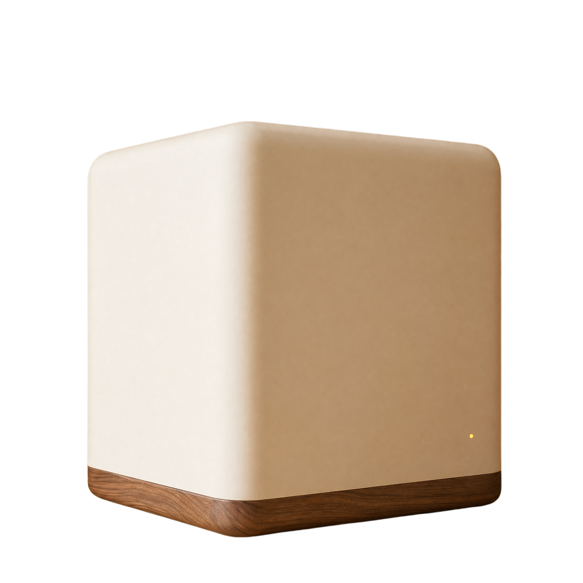 Fammai hub — cream-finished cube with walnut base and amber status LED